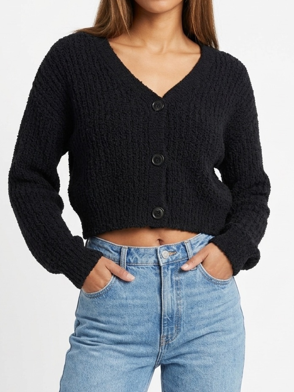 NoBo Size: S Black V-Neck Chunky Button Crop Sweater - Women